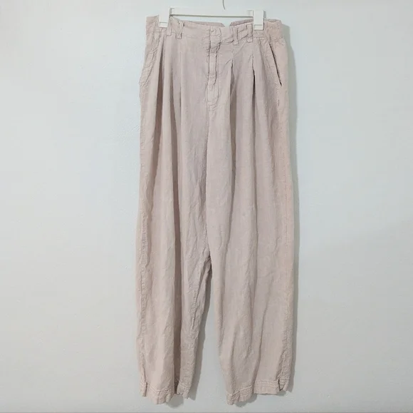 Free People Calla Pleated Trousers Pants Mid Rise Tapered Linen Blend Khaki 12 - Picture 2 of 12